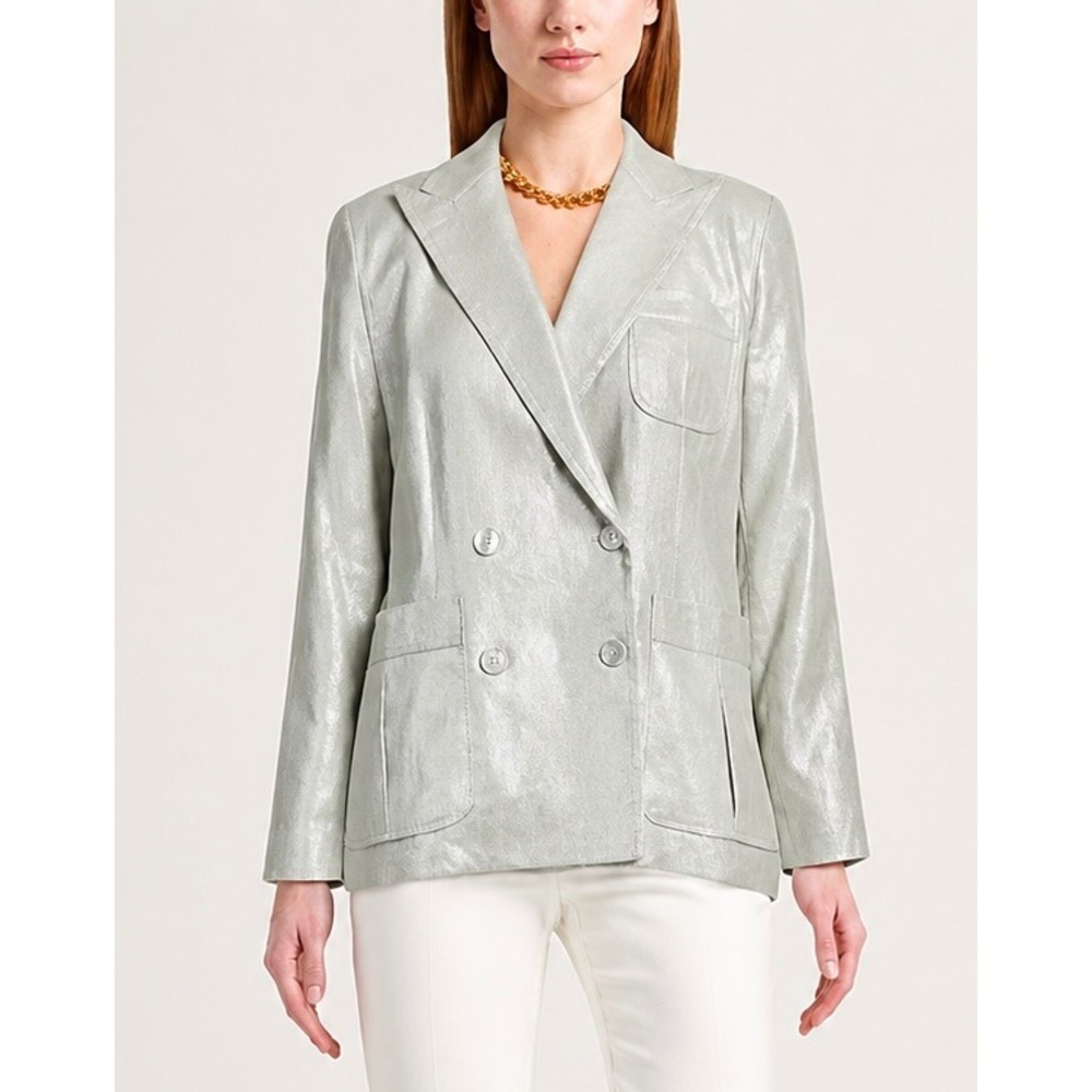 Lauren Ralph Lauren Silver Foiled Linen‎ Cotton Old Money Blazer Jacket Size 6